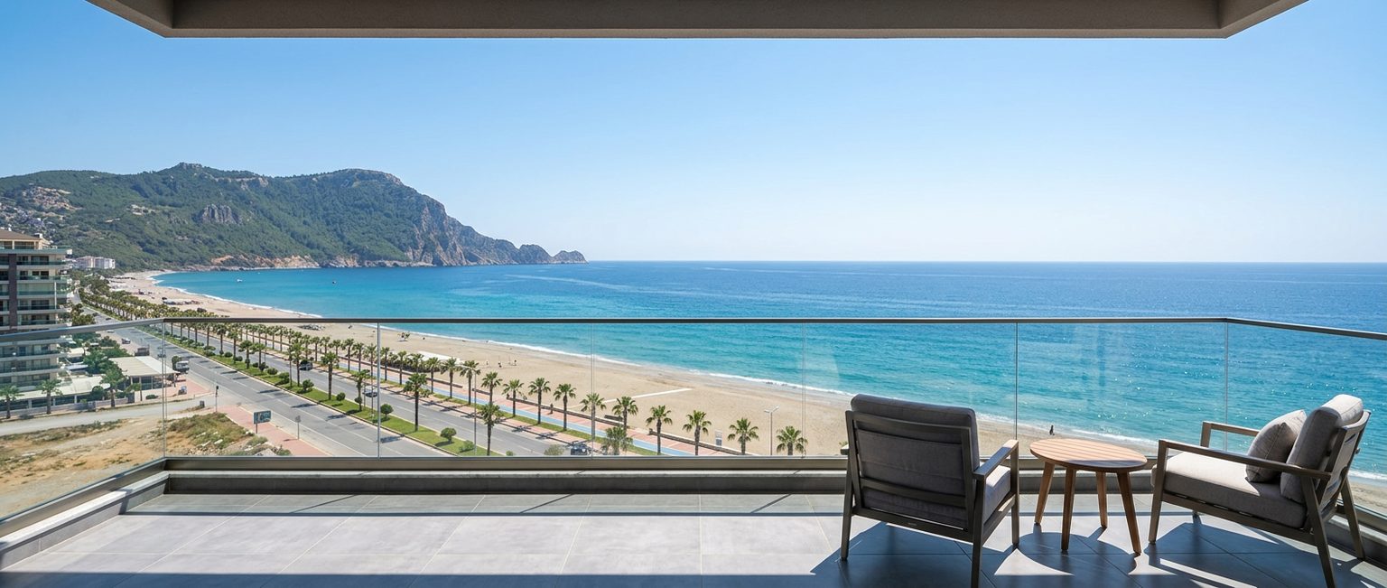 The view from a balcony on level 5 over the beach and the Mediterranean