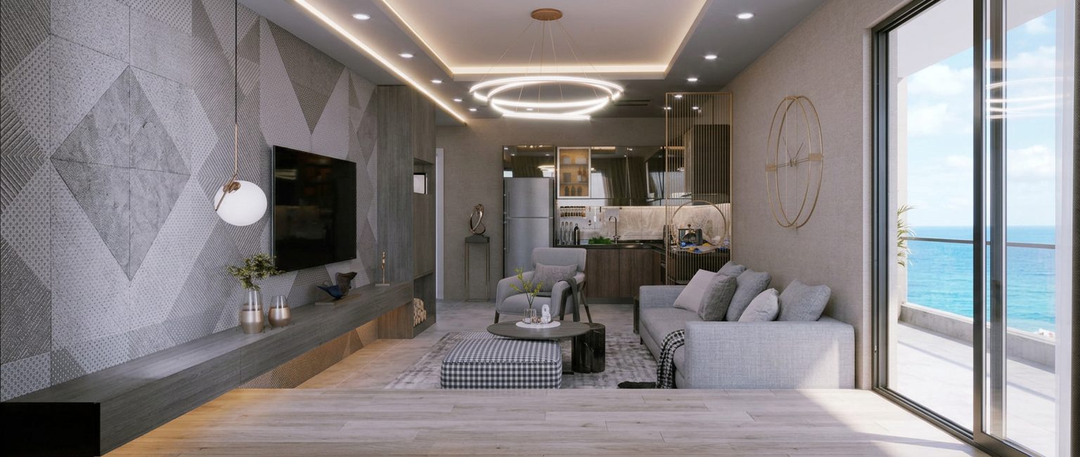 The one-bedroom living room where Layla starts the tour